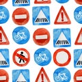 Watercolor road signs seamless pattern