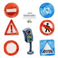 Watercolor road signs and traffic light collection, illustration for kids Royalty Free Stock Photo