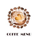 Watercolor roasted coffee beans, hot cup of coffee with heart coffee foam drawing. Hand drawn. Coffee shop menu cover