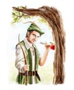 Watercolor Robin Hood standing near tree with arrow, bow and apple target