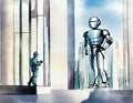 Watercolor of Robot Security Guard Patrolling a Futuristic Building