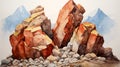 Watercolor Rocks Scene With Mountain Background