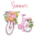 Watercolor floral bicycle, isolated. Romantic pink bike, basket and flowers on white background. Wedding design, cards Royalty Free Stock Photo