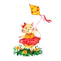 Watercolor romantic cat in red dress with funny kite .