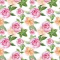 Summer botanical seamless pattern. Blush pink peony flowers and green leaves on white background. Vintage provence style Royalty Free Stock Photo