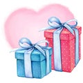 Watercolor romantic gift boxes blue and pink