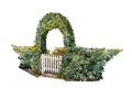 Watercolor romantic ivy gate over the house entrance, with part of green fence. Hand painted garden design element, isolated on