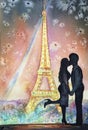 Watercolor romantic kiss. Silhouette of young couple in love with Eiffel Tower background in Paris. Royalty Free Stock Photo