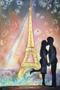 Watercolor romantic kiss. Silhouette of young couple in love with Eiffel Tower background in Paris.