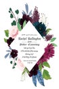 Watercolor Romantic Night floral composition Pink purple red and blue Floral Bouquet Flowers and Feathers card wreath frame border Royalty Free Stock Photo