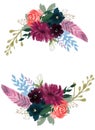 Watercolor Romantic Night floral composition Pink purple red and blue Floral Bouquet Flowers and Feathers card wreath frame border Royalty Free Stock Photo