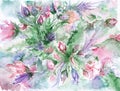 Watercolor romantic pink green violet flowers background