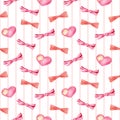 Watercolor romantic seamless pattern. Hand painted pink hearts and ribbon bows with lines background isolated on Royalty Free Stock Photo