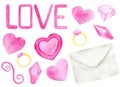 Watercolor romantic set for Saint Valentine`s Day. Hand drawn pink hearts, love, diamonds, letter, ring. Elements isolated on Royalty Free Stock Photo