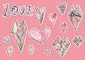 Watercolor romantic sticker pack with different hearts round,diamond . Hand drawn illustration set of design elements Royalty Free Stock Photo