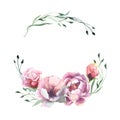 Watercolor romantic wreath of rose peony flower and green leaves