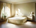 Watercolor of A roomy bedroom decorated in tones of beige and Royalty Free Stock Photo