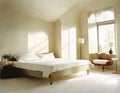 Watercolor of A roomy bedroom decorated in tones of beige and