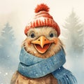 Watercolor rooster in a winter hat.