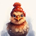 Watercolor rooster in a winter hat.