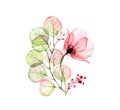 Watercolor Rose arrangement. Big pink flower with eucalyptus leaves and berries isolated on white. Hand painted artwork