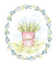 Watercolor rose bucket with bouquet may-lily on the grass on lawn in floral frame Royalty Free Stock Photo