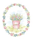 Watercolor rose bucket with spring flowers bouquet on lawn in floral frame Royalty Free Stock Photo