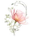 Watercolor Rose with eucalyptus branches. Big transparent peach flower with curved plants. Pastel beige composition in