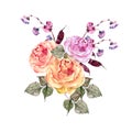 Watercolor rose with a flower haricot. Hand painted bouquet on a white background.