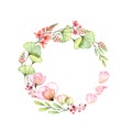 Watercolor rose and freesia wreath. Circular composition of flowers, leaves and place for text. Colourful botanical hand