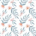 Watercolor rose hip or anemone pink flower and branches, leaves seamless pattern Royalty Free Stock Photo