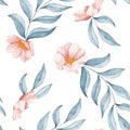 Watercolor rose hip or anemone pink flower and branches, leaves seamless pattern Royalty Free Stock Photo