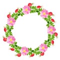 Watercolor rose hips, flowers and leaves round frame. Beautiful floral wreath for wedding invitations, greeting cards, blogs,