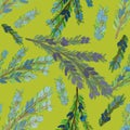 Watercolor rosemary branches, blue flowers and needles on neon green background. Seamless pattern. Cooking, spices, herbs, packagi