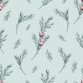 Watercolor rosemary seamless pattern. Winter print on mint background. Hand drawn botanical illustration
