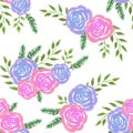 Watercolor roses bouquet with pink roses and ferns background hand painted Royalty Free Stock Photo