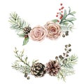 Watercolor roses, pine cone and branch set. Hand painted floral composition. Vintage flowers, seeds and red berries