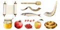 Watercolor Rosh Hashanah illustration set for Jewish New year. Honey, Torah scroll, challah, shofar, pomegranate, fish Royalty Free Stock Photo