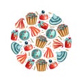 Watercolor round background with cookies, confectionery