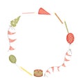 Watercolor round birthday frame. Festive hats, balloons, candles and cake are arranged in a circle. Elegant wreath for