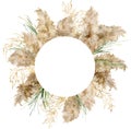 Watercolor round border of gold and green pampas grass. Hand painted tropical frame of exotic dry plant isolated on