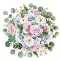 watercolor round bouquet with violettes , pink roses, eucaliptus leaves and chamomille flowers, hidrangea, Wedding floral design,