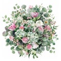 watercolor round bouquet with violettes , pink roses, eucaliptus leaves and chamomille flowers, hidrangea, Wedding floral design,