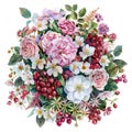 watercolor round bouquet made of white violettes , pink roses, red berries and chamomille flowers, Wedding floral design,