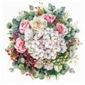 watercolor round bouquet made of white violettes , pink roses, red berries and chamomille flowers, Wedding floral design,