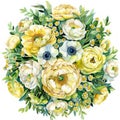 a watercolor round bouquet made of yellow peonies , white anemones, chamomille flowers, and green japanese hidrangea