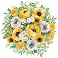 a watercolor round bouquet made of yellow peonies , white anemones, chamomille flowers, and green japanese hidrangea