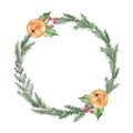Watercolor round christmas frame with fir branches oranges berry leaves