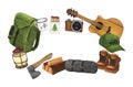 Watercolor round composition campsite with camera, backpack, gitar, boots, cup. Hand-drawn illustration hiking isolated