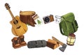 Watercolor round composition campsite with camera, backpack, gitar, boots, cup. Hand-drawn illustration hiking isolated